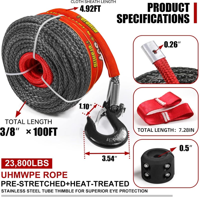Perantlb Synthetic Winch Rope 3/8" x 100'-23800 lbs Winch Line with Protective Sleeve,Forged Winch Hook,Safety Pull Strap go for 4WD Road Vehicle Truck SUV ATV UTV（Black Gray）… - Image 3